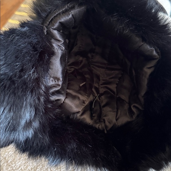 Black rabbit fur trim quilted shiny black satin lined bomber hat. New, no tags. main image 6